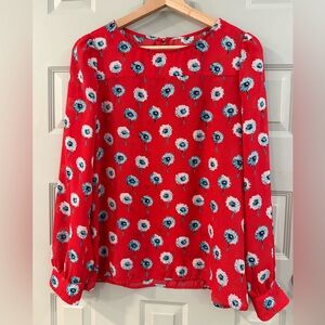 J Crew Red Blue Floral Print Boatneck Top, Long Sleeve
